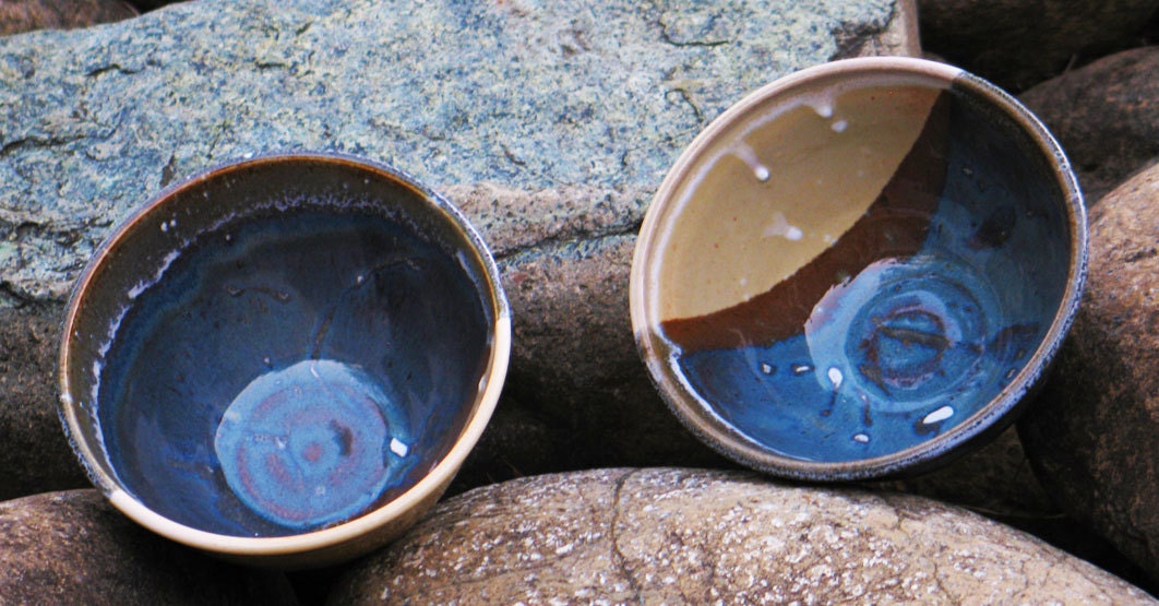 wheel thrown bowls, cone 5, blue hares fur & nutmeg glaze - rikablue