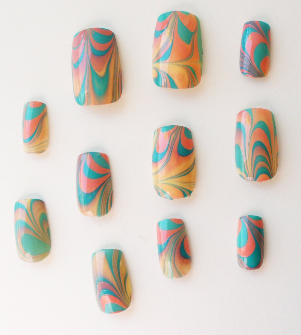 California Summer Sunset Abstract Summer Water Marble Nail Art OOAK Introductory Offer Sale Shades of blue, green, pinks, yellows, oranges