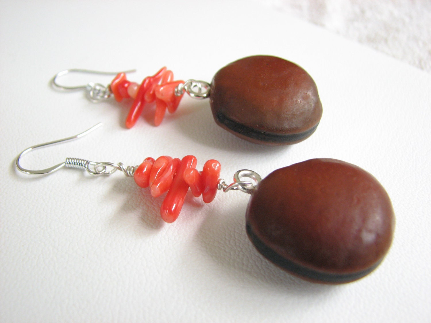 Coral and Sea bean Earrings, Organic Natural Tropical Seed Jewelry, Hamburger Seed Jewelry