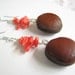 Coral and Sea bean Earrings, Organic Natural Tropical Seed Jewelry, Hamburger Seed Jewelry