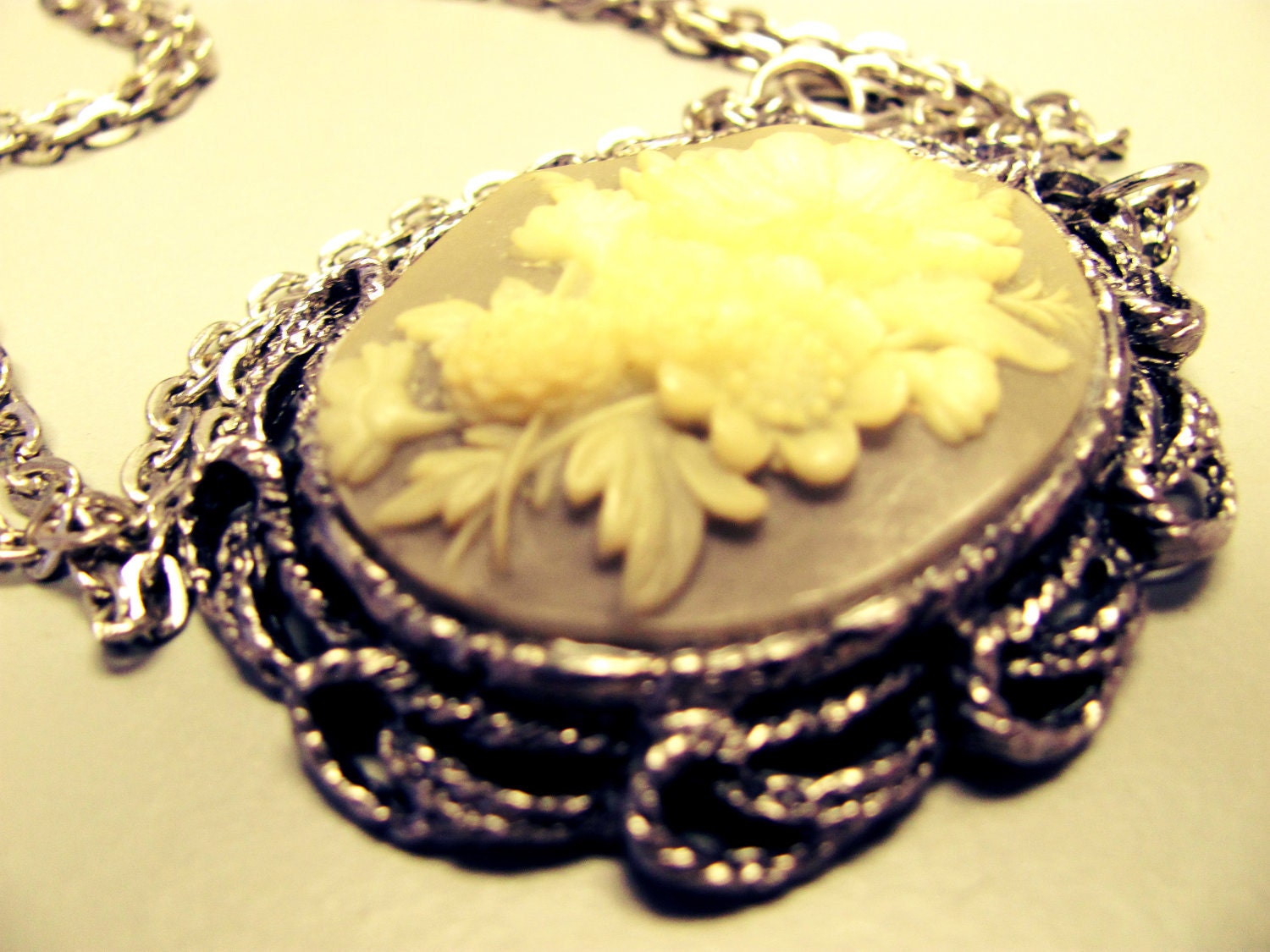 Grey and Cream Floral Cameo Necklace