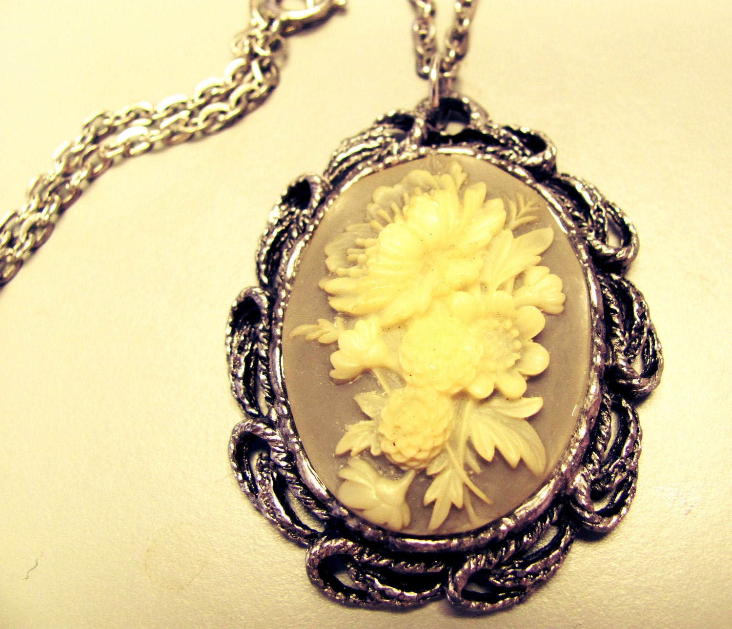 Grey and Cream Floral Cameo Necklace