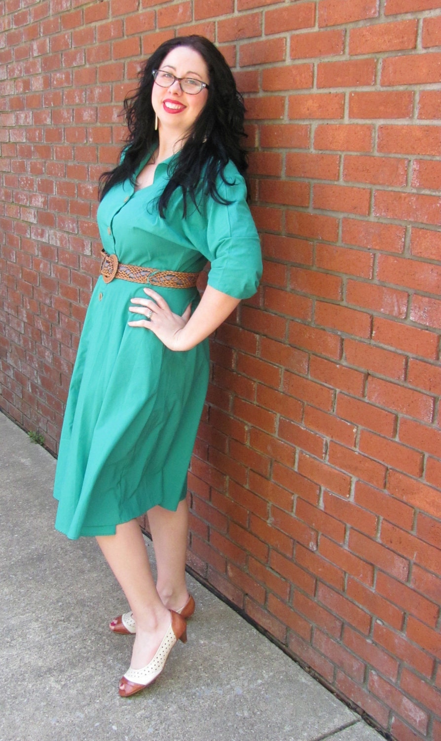 Vintage Green/ Teal Classic Shirtdress with Pockets// 1970s Green Day Dress