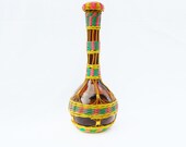 Hip 70s Genie Decanter Amber Glass Colorful Plastic Woven Wicker