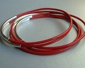 Red Leather Bangle Bracelets with Silver Plated Curved Tubes - Set of 5 - Minimalist Jewelry - Mothers Day