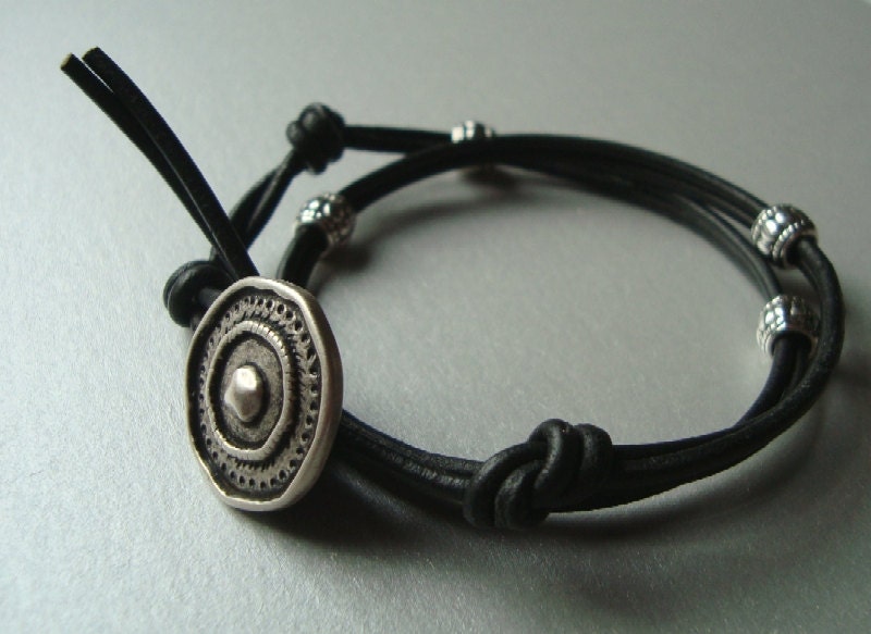 Leather Wrap Bracelet - Black and Silver Jewelry - Rustic Silver Button Clasp - Double 2x Wrap - Arm Party - Womens Leather Bracelet