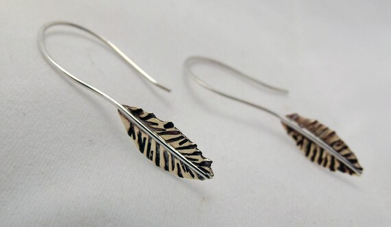 Metal Feather Earrings Brass and Silver Boho Chic