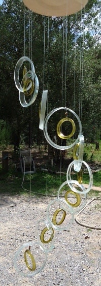 RECYCLED AQUA WINE bottles into windchimes, eco friendly and green, mobile, wind chimes, colorful and musical 120