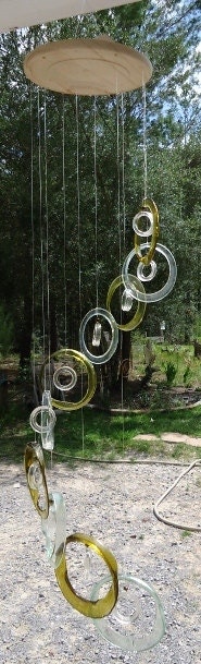 RECYCLING WINE BOTTLES into wonderful musical windchimes, wind chime, handmade, green and eco friendly, mobile, clear bottles 128