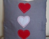 Red and White Heart Hand Embroidered Cushion Cover