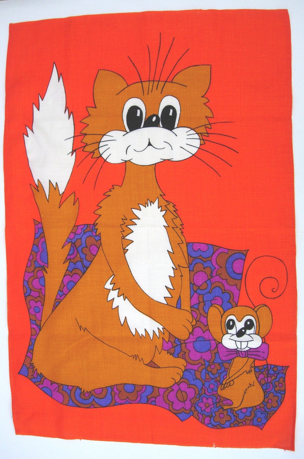 Retro 70s Kitsch Cat and Mouse Linen Tea Towel Flower Power Orange and Purple