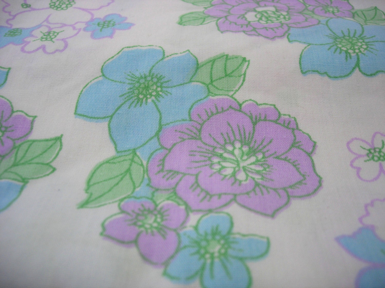 Sweet Retro Flower Flat Sheet 70s Pale Blue Lilac and Green