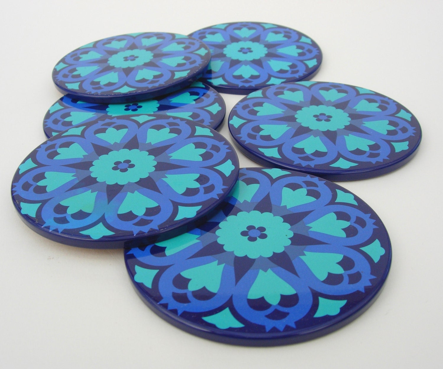 Retro Flower Power Enamelware Drinks Coasters Blue and Turquoise 1970s Set of Six