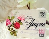 CUSTOM ESCORT CARDS.  Vintage Rose Postcard, Shabby Chic Themed Place Card with Pearl Feature, Personalized.