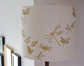Dragonflies and butterflies Hand Printed Lampshade - gold metallic/cream