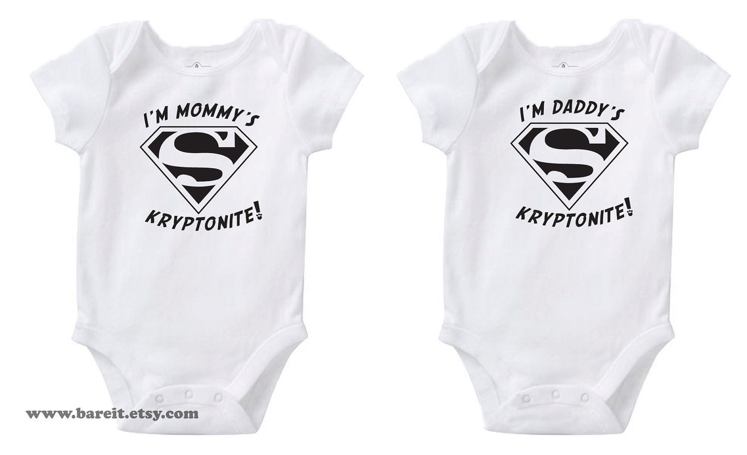 I'm Mommy's & Daddy's Kryptonite Inspired By Superman Twins Set Cute Geek/Nerd Funny Humor Baby Onesie/Creeper Size 3,6,12,18,24 month White