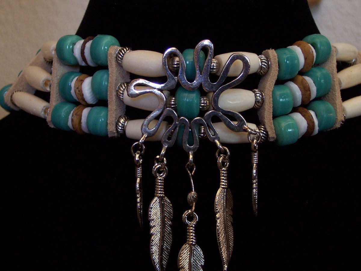 Bone and Glass Crow Bead Choker Necklace by PrimitiveDesignsTX