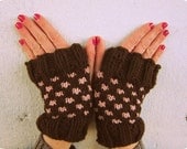 Fingerless Gloves - Brown and Pink - Short Women's Gloves - Knitted Fingerless Gloves - Polkadot Fingerless Gloves