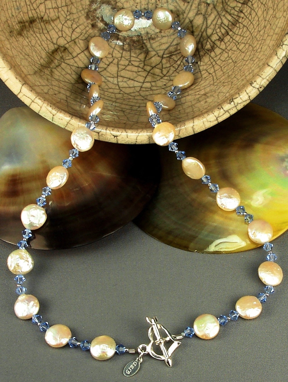 Freshwater Coin Pearl and Sapphire Crystal Necklace Earring Set