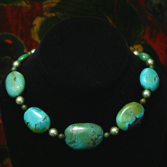Turquoise Necklace - Chunky Beaded Necklace - Statement Necklace - Tibetan Turquoise - Beadwork - Ethnic Jewelry - Ancient Jewelry