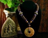 Carved Jade Pendant Necklace - Ethnic Jewelry - Old Jade Coin - Statement Necklace - Chunky Beaded Necklace - Ancient Jewelry - Beadwork
