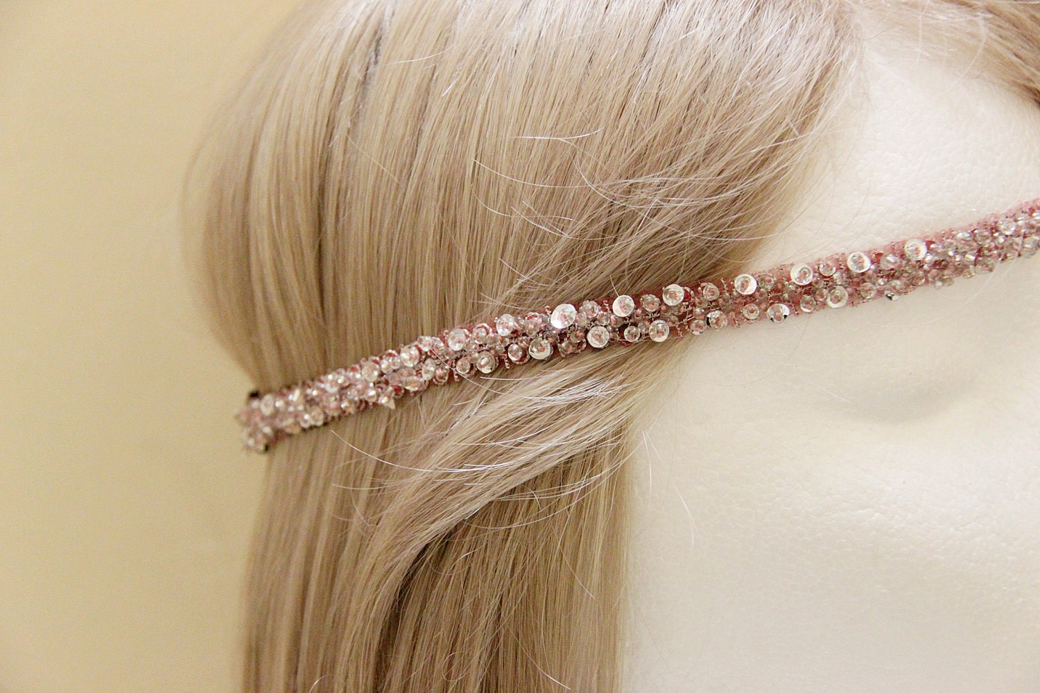 Coral Color Vintage Look Hand Beaded Lace Elastic Headband