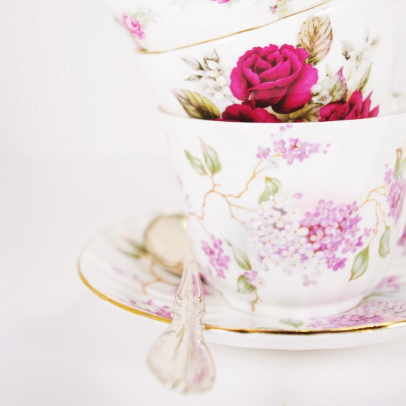 Shabby Chic Photograph - Tea Time - 5x5 print, china teacups, roses, purple, silver, creamy white, efpteam, fpoe - ErinBphoto