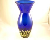 OOAK Cobalt Blue Art Glass Vase Studio Freehand Spatter Handmade 14"