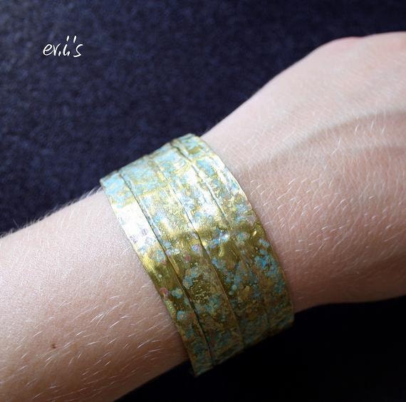 Handcrafted Brass Line Folded Hammered Eco Friendly Natural Oxidized Turquoise Patina Wide Artisan Bracelet Cuff Gift for Her by EV.I.