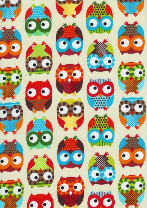 Owls in Cream Fabric, Bright Owl by Alice Kennedy for Timeless Treasures, One Yard, 1 Yard - FabricBubb