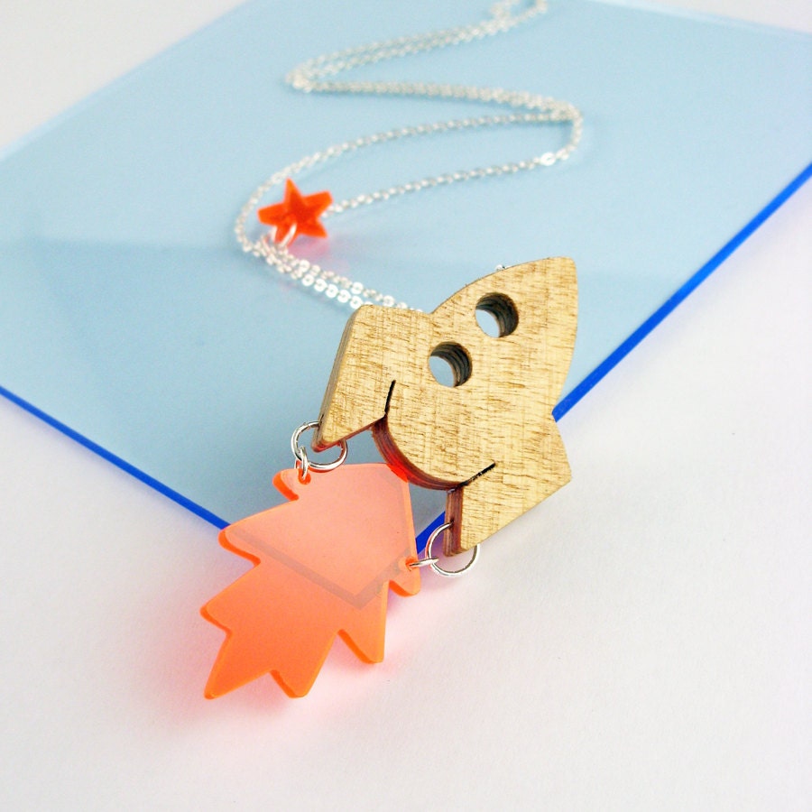 Wooden Rocket & Flame necklace