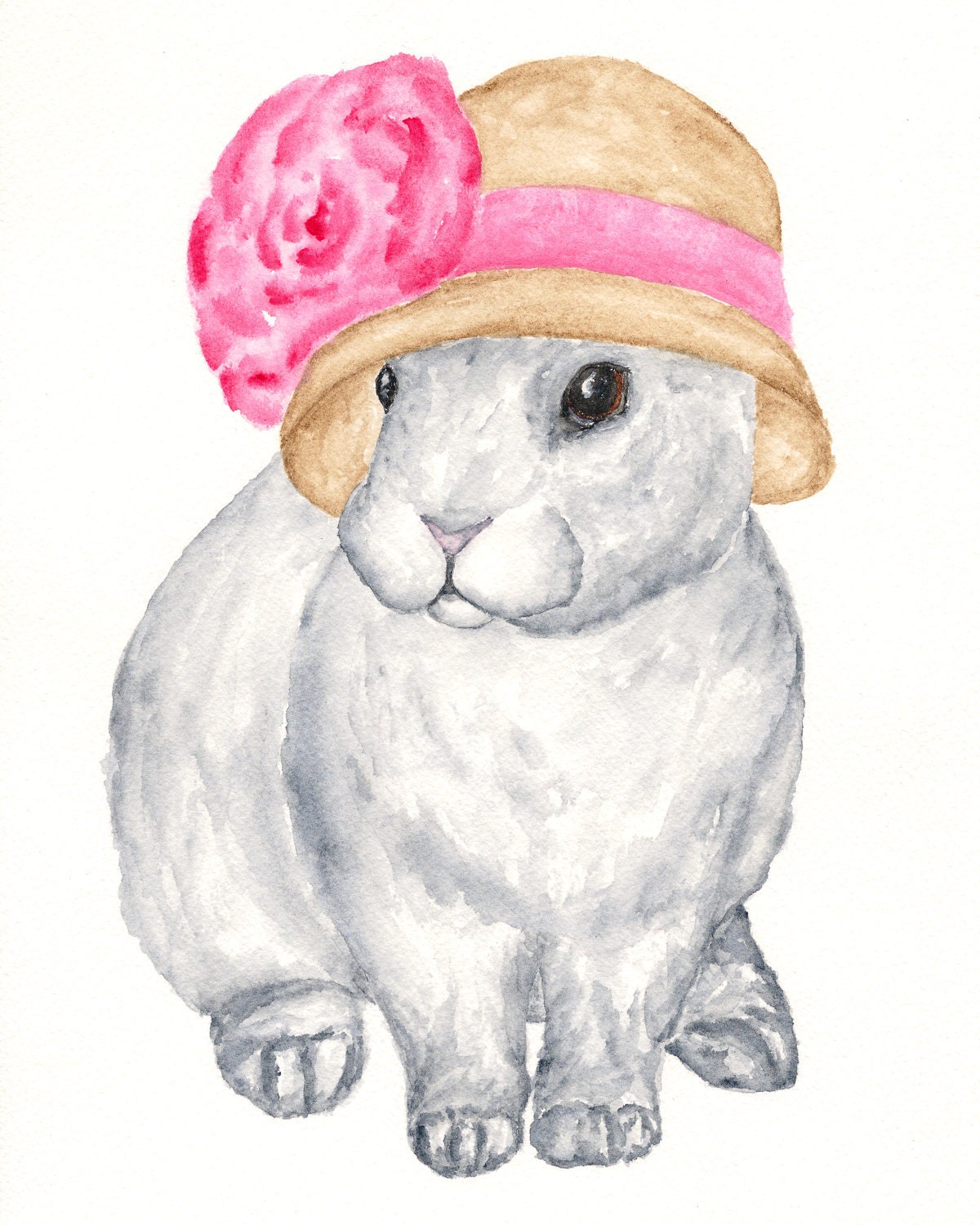 Rabbit art, watercolor rabbit painting, white rabbit, rabbit print, pink ribbon, straw hat, alice in wonderland - 8X10