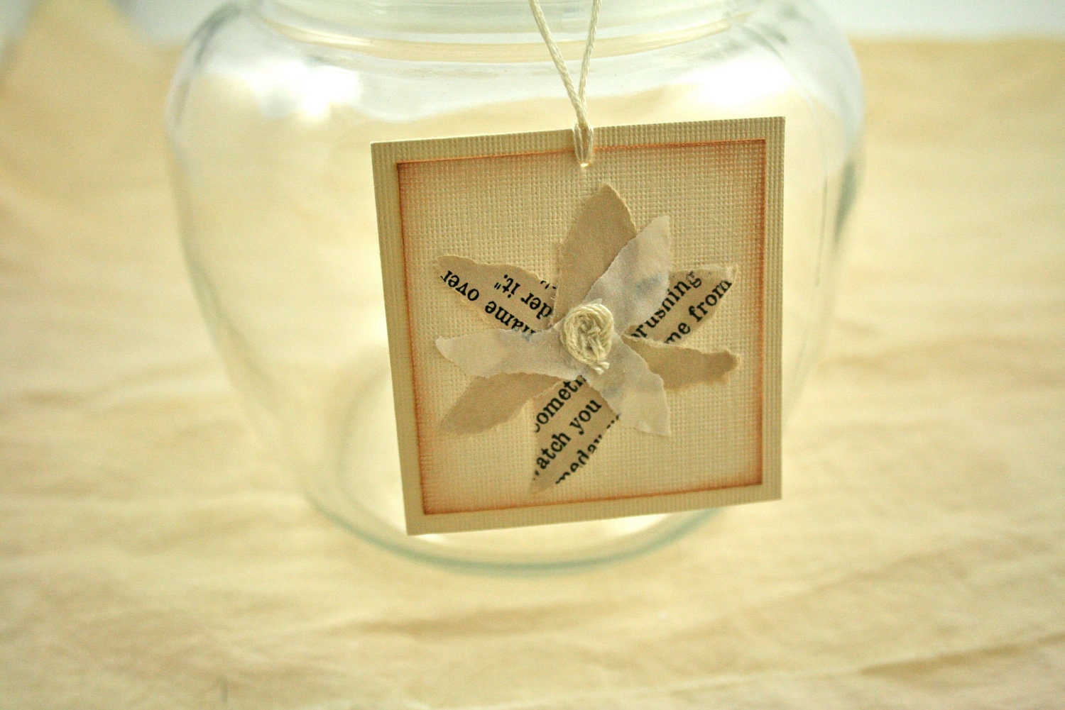 Wedding Favor Tags, flower Ivory, Decorations, Vintage book page, Paper goods, Scrapbook embellishment