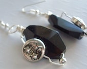 Earrings -Dangle - Moon-Sun - Faceted Black Glass - Free Shipping in the USA
