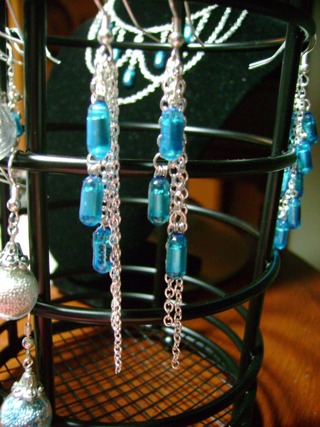 Geeky Cute cluster earrings in electric blue with dangling silver chain