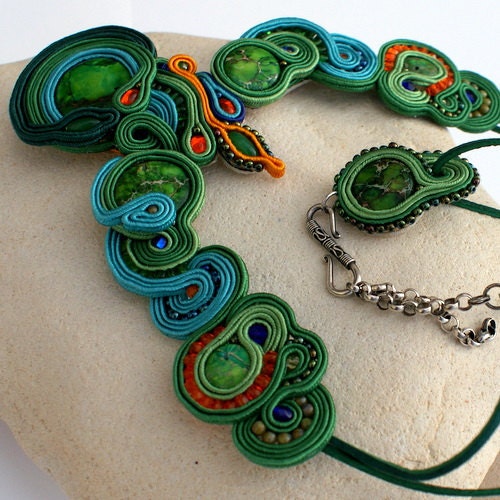 Beautiful green turquise soutache necklace CURACAO