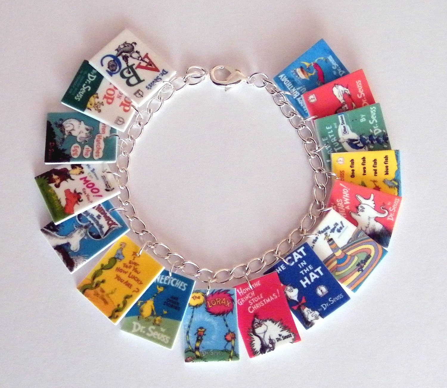 Dr. Seuss  Book Cover Charm Bracelet Cat in the Hat, The Grinch, Happy Birthday Dr Suess Story Teacher