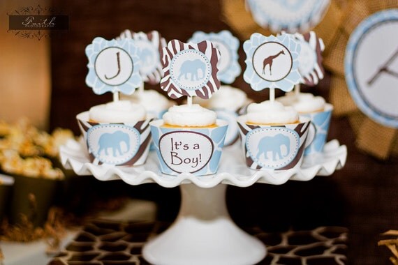 Safari Baby Shower Cupcake Toppers - Boys Baby Shower - PRINTABLE Party Logos - Blue and Brown - Elephant Il_570xn