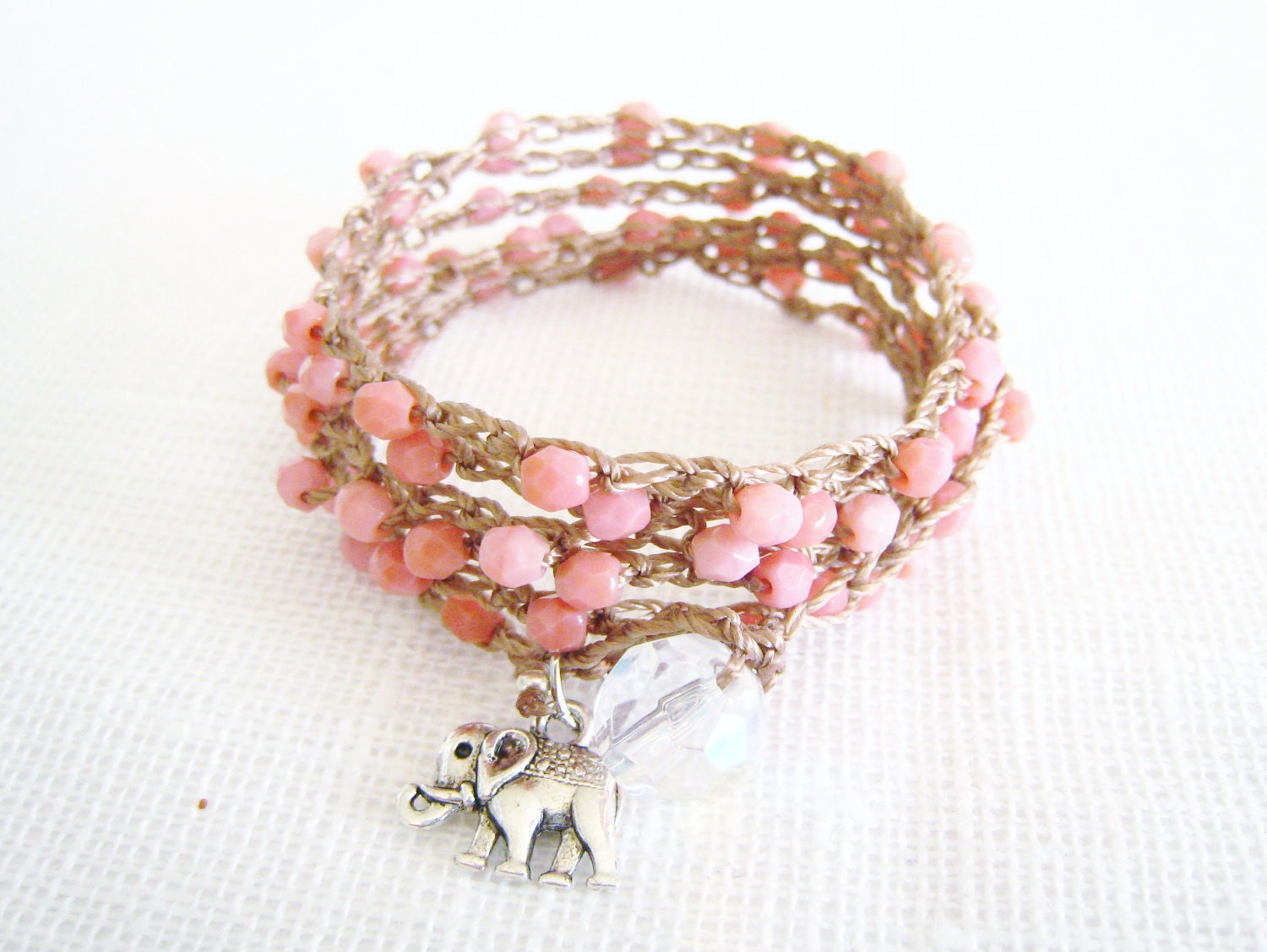 Salmon Pink Crochet Beaded Wrap Bracelet