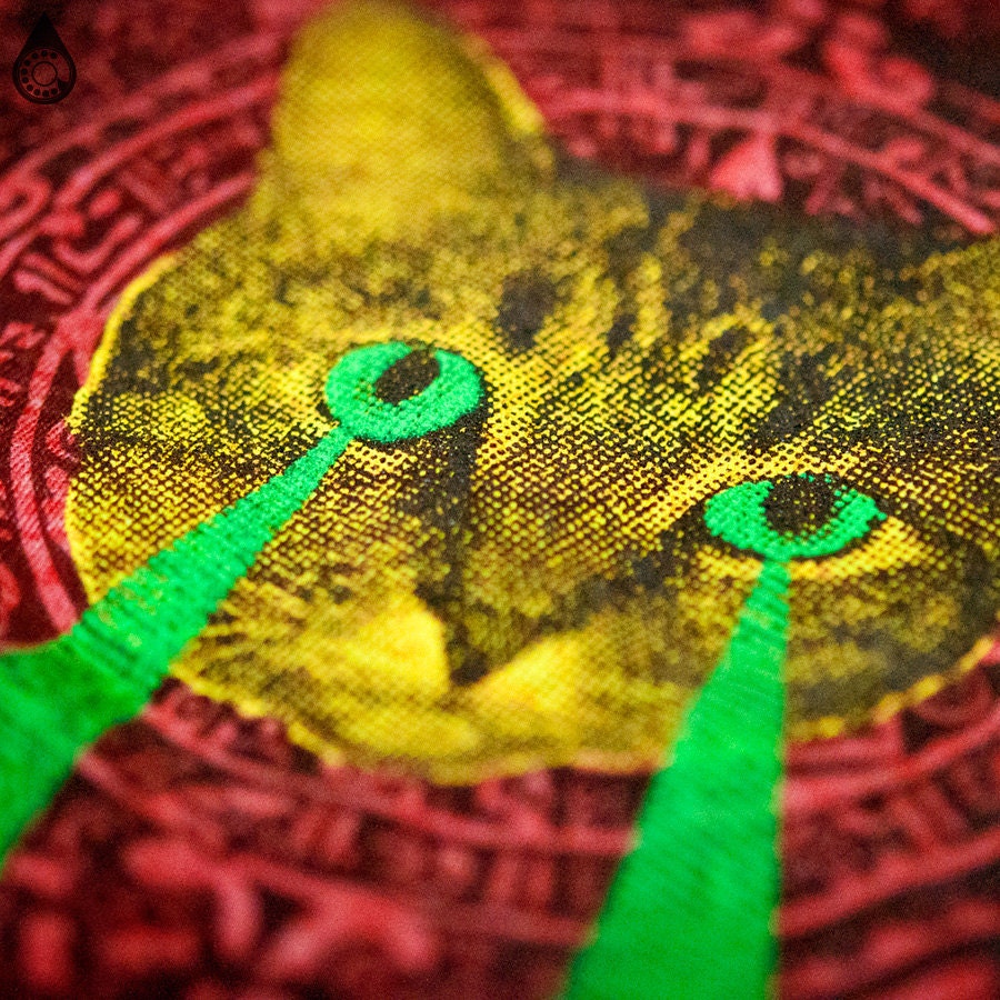 Mayan Laser Caturday Heather Red Tee with neon green laser eyes