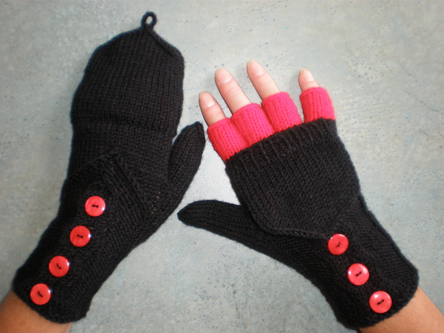 Hand-knitted black color women convertible fingerless gloves/wrist warmers to mittens with buttons