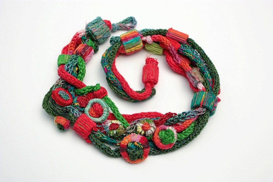 Handmade knit necklace with bamboo beads, red green, OOAK