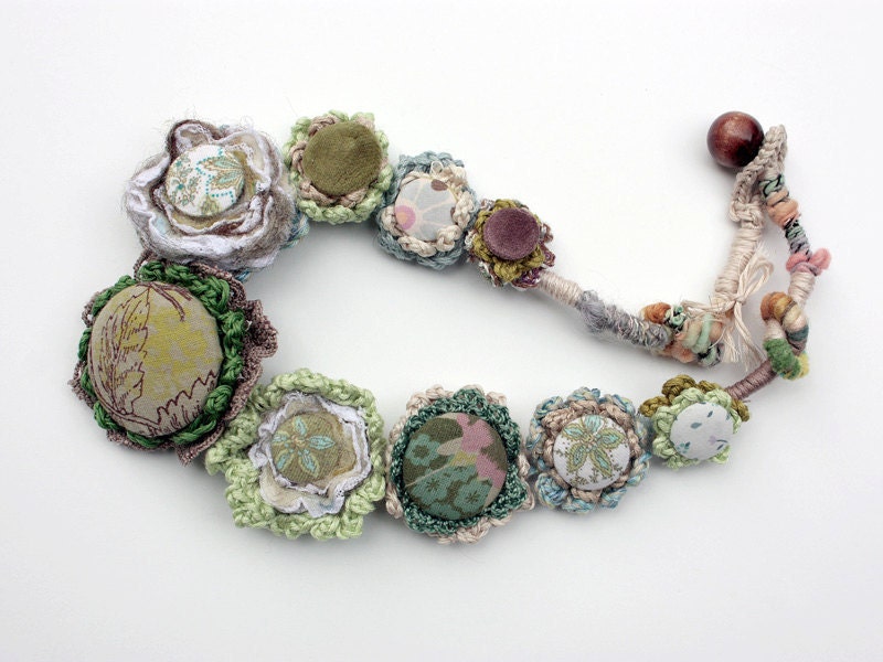 Reserved - Handmade crochet necklace with fabric buttons OOAK
