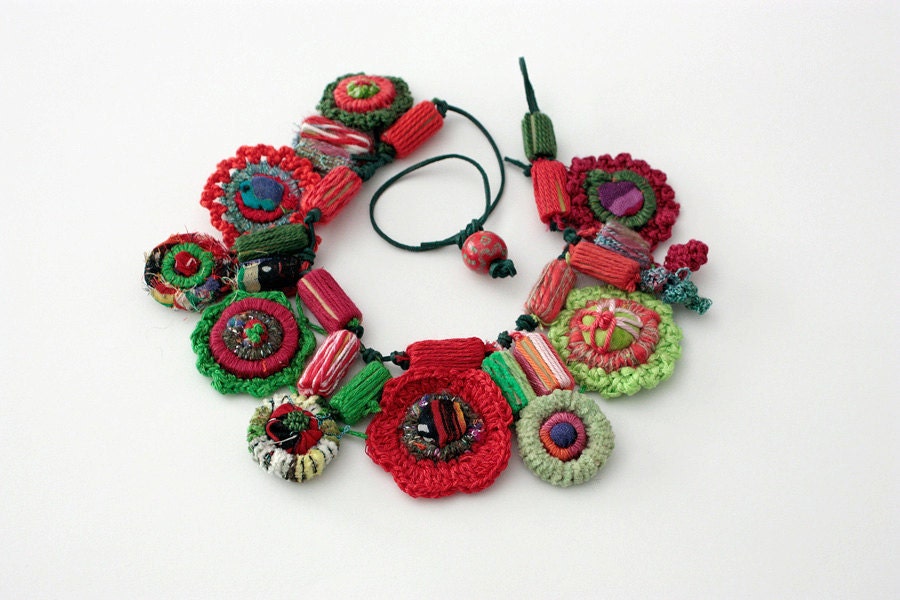 Handmade crochet necklace with bamboo and textile beads, red green, OOAK