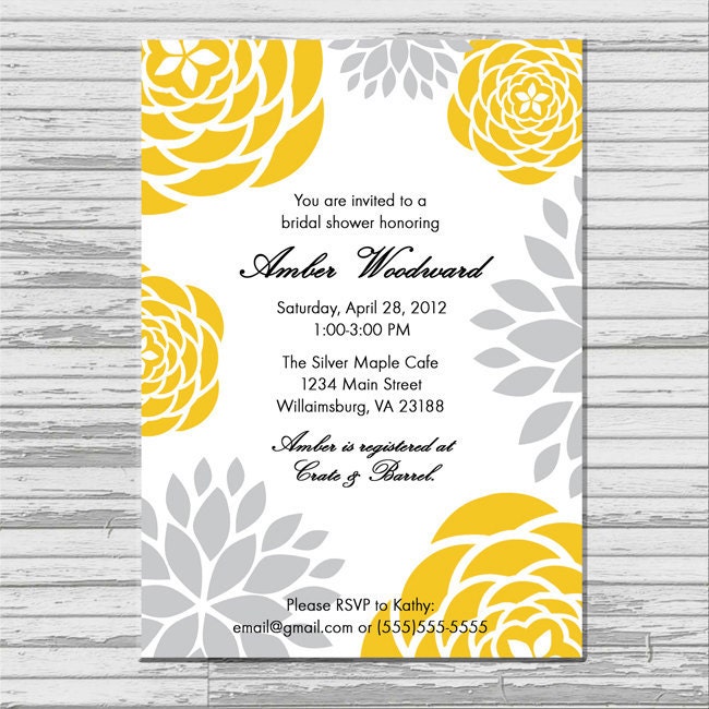 Yellow and Gray Grey Bridal Shower Invitation - customized 5x7 printable - modern flower print yellow and gray bridal shower invites