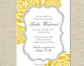 Yellow and Gray Grey Baby Shower Invitation - customized 5x7 printable - modern flower print yellow and gray baby shower invites