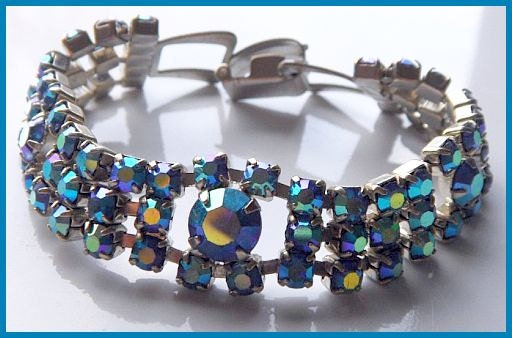 Vintage Blue Rhinestone ART DECO Style Silver Metal Link Bracelet 7" X 7/8" EX