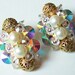 Vintage Rivoli Rhinestone Pearl Gold Cage Bead & Crystal Clip On Earrings 1 1/4"