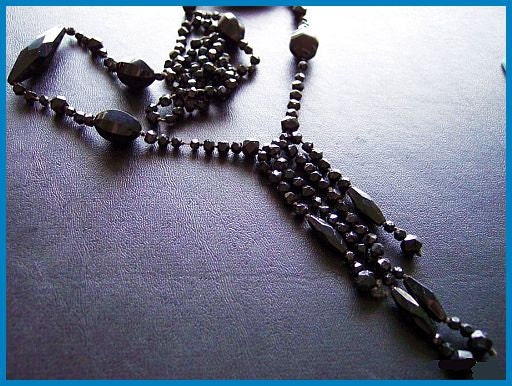 Victorian Flapper Necklace w Black Jet or Glass Mourning Beads Hand Strung & Knotted 30" EX
