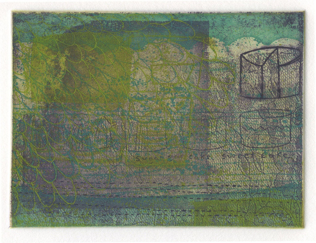 Limited edition color intaglio print in green, teal and violet